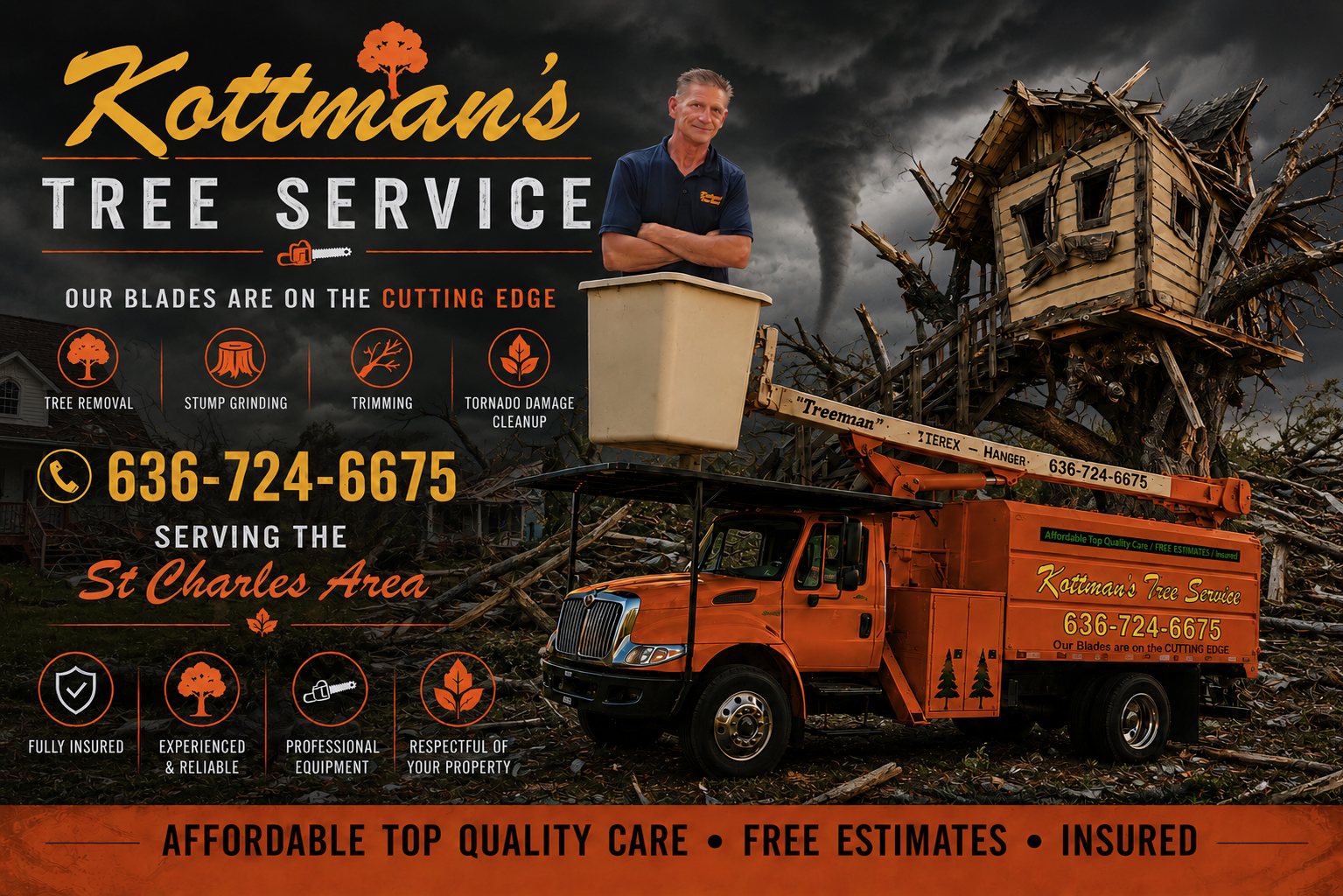 Kottman's Tree Service. Our blades are on the cutting edge. Tree removal, stump grinding, trimming and tornado damage cleanup. Call 636-724-6675. Serving the St. Charles area. Fully insured, experienced and reliable, professional equipment, respectful of your property.