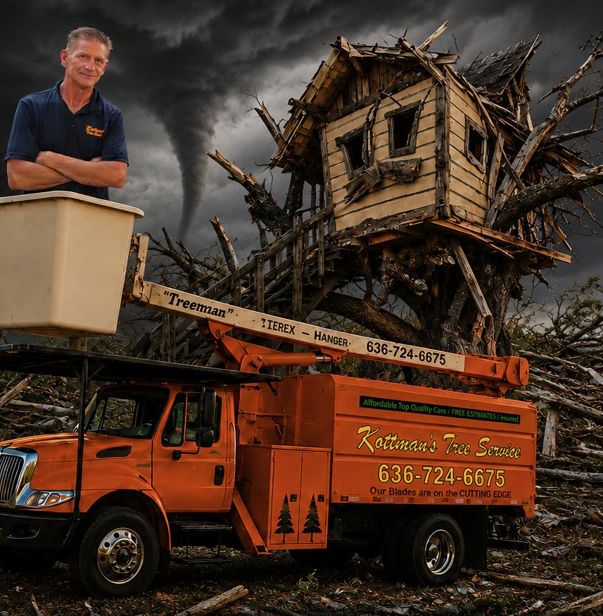 Don Kottman in the bucket of the orange Kottman's bucket truck