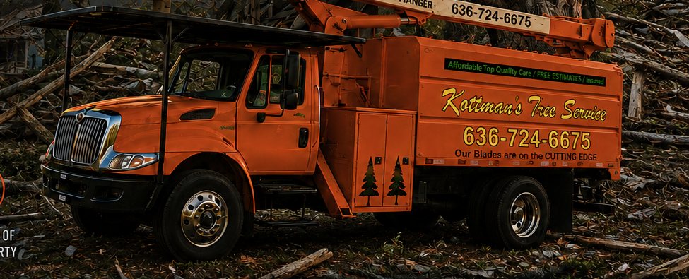 The orange Kottman's bucket truck at a storm-damaged property